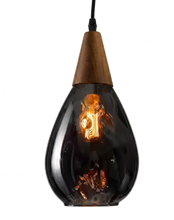 Glass Waterdrop Pendant Light with Wooden Canopy for Kitchen Island Living Room and Bedroom