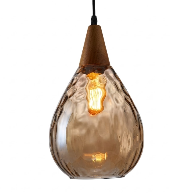 Glass Waterdrop Pendant Light with Wooden Canopy for Kitchen Island Living Room and Bedroom