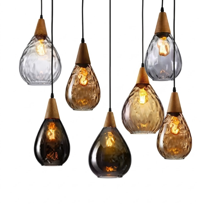 Glass Waterdrop Pendant Light with Wooden Canopy for Kitchen Island Living Room and Bedroom