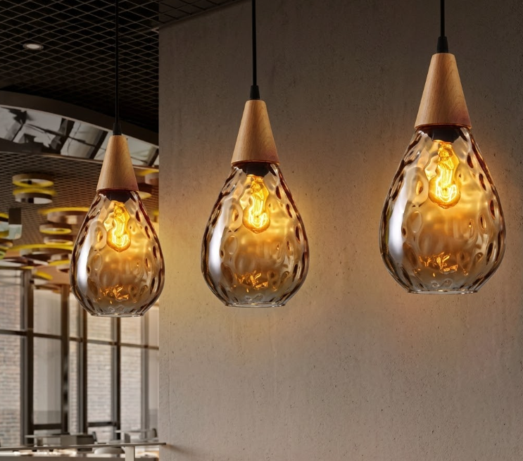 Glass Waterdrop Pendant Light with Wooden Canopy for Kitchen Island Living Room and Bedroom
