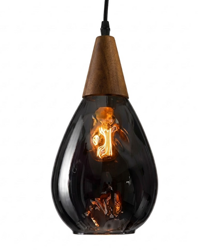 Glass Waterdrop Pendant Light with Wooden Canopy for Kitchen Island Living Room and Bedroom