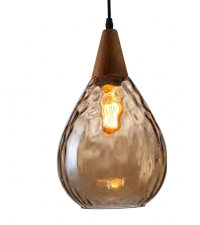 Glass Waterdrop Pendant Light with Wooden Canopy for Kitchen Island Living Room and Bedroom