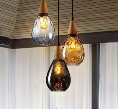 Glass Waterdrop Pendant Light with Wooden Canopy for Kitchen Island Living Room and Bedroom