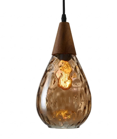 Glass Waterdrop Pendant Light with Wooden Canopy for Kitchen Island Living Room and Bedroom