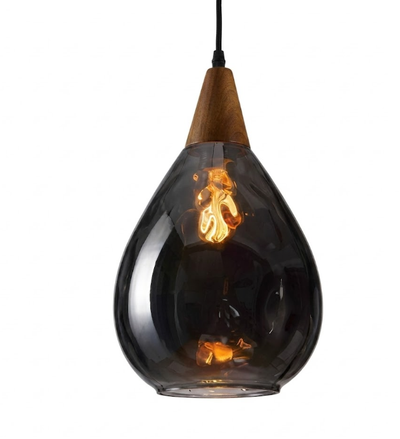 Glass Waterdrop Pendant Light with Wooden Canopy for Kitchen Island Living Room and Bedroom