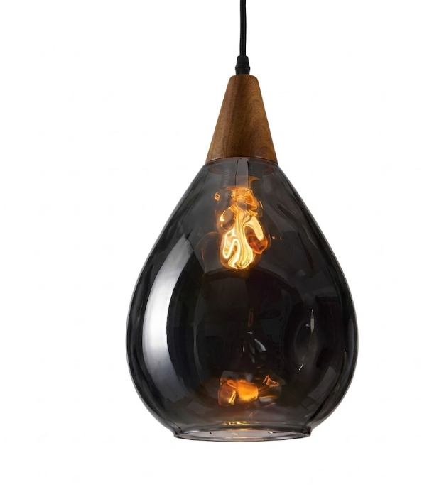 Glass Waterdrop Pendant Light with Wooden Canopy for Kitchen Island Living Room and Bedroom