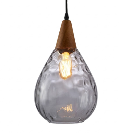 Glass Waterdrop Pendant Light with Wooden Canopy for Kitchen Island Living Room and Bedroom